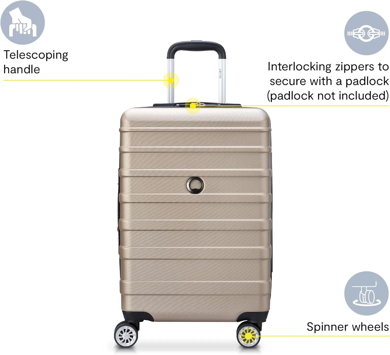 DELSEY PARIS Margot Hardside Luggage, Dual Wheel Spinners for Smooth Travel, Expandable with Spacious & Organizable compartments, Men and Women, Gold, Carry-On 20-Inch