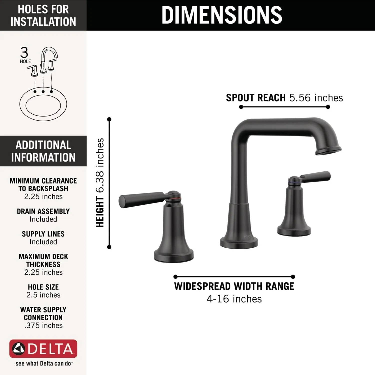 Delta Faucet Matte Black 3-Hole Widespread Bathroom Faucet with Diamond Seal Technology, Metal Drain Assembly, 3536-BLMPU-DST