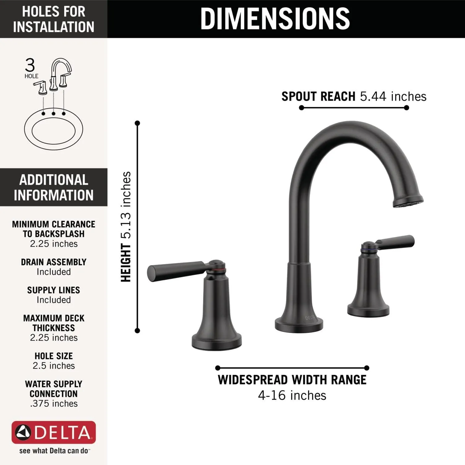 Delta Faucet Saylor Black Widespread Bathroom Faucet 3 Hole, Matte Black Bathroom Faucets, Bathroom Sink Faucet with Diamond Seal Technology, Metal Drain Assembly, Matte Black 3535-BLMPU-DST