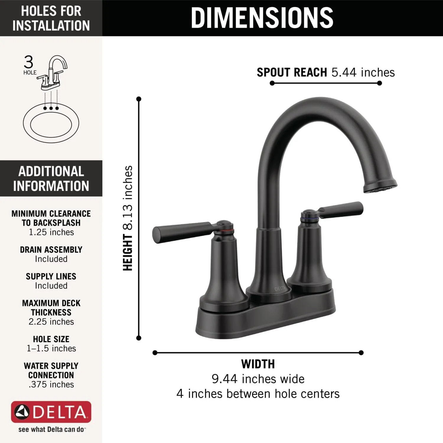 Delta Faucet Saylor Matte Black Bathroom Faucet, Bathroom Sink Faucet, Centerset Bathroom Faucet for Bathroom Sink, Diamond Seal Technology, Metal Drain Assembly, Matte Black 2535-BLMPU-DST