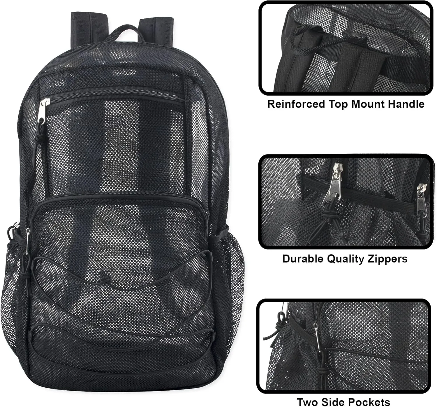 Deluxe See Through Mesh Backpack with Bungee Cord & Adjustable Padded Straps for Swimming, Travel (Black)