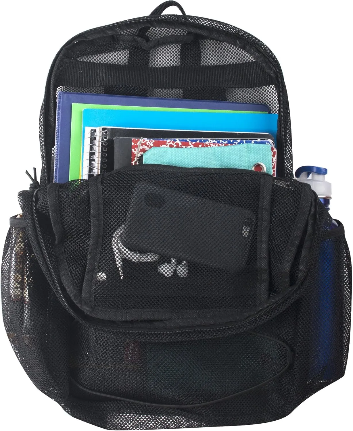 Deluxe See Through Mesh Backpack with Bungee Cord & Adjustable Padded Straps for Swimming, Travel (Black)