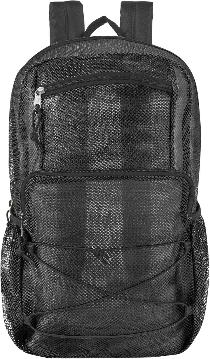 Deluxe See Through Mesh Backpack with Bungee Cord & Adjustable Padded Straps for Swimming, Travel (Black)