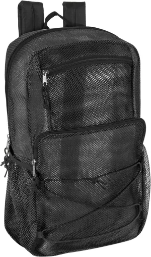 Deluxe See Through Mesh Backpack with Bungee Cord & Adjustable Padded Straps for Swimming, Travel (Black)