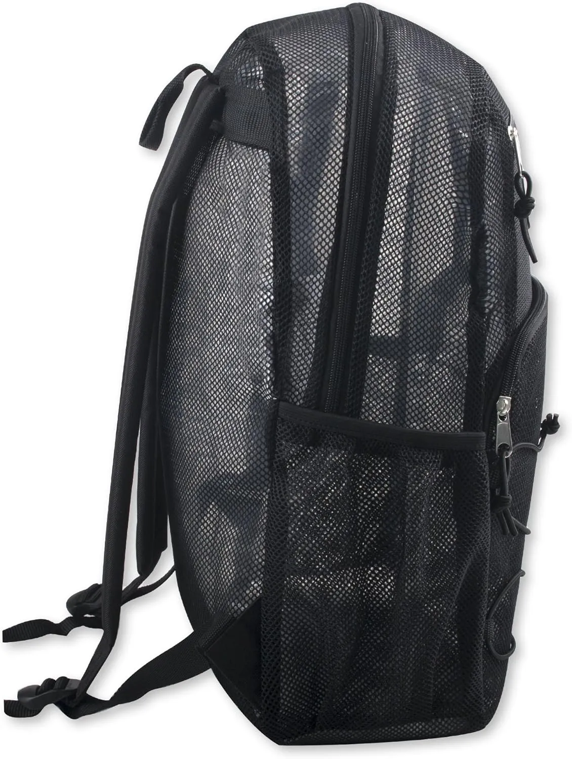 Deluxe See Through Mesh Backpack with Bungee Cord & Adjustable Padded Straps for Swimming, Travel (Black)
