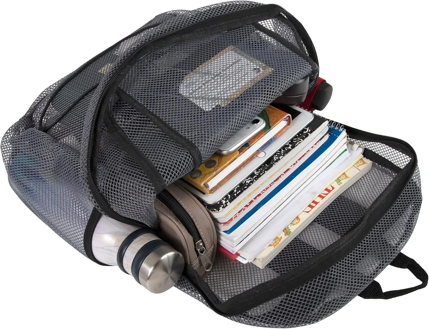 Deluxe See Through Mesh Backpack with Bungee Cord & Adjustable Padded Straps for Swimming, Travel (Grey)