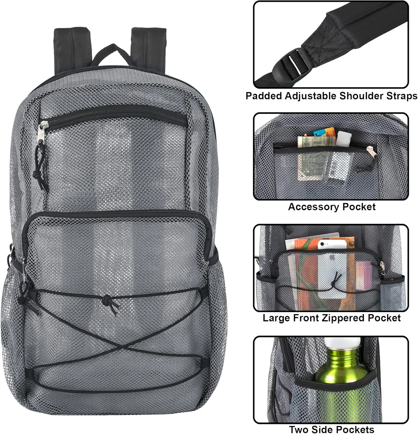 Deluxe See Through Mesh Backpack with Bungee Cord & Adjustable Padded Straps for Swimming, Travel (Grey)