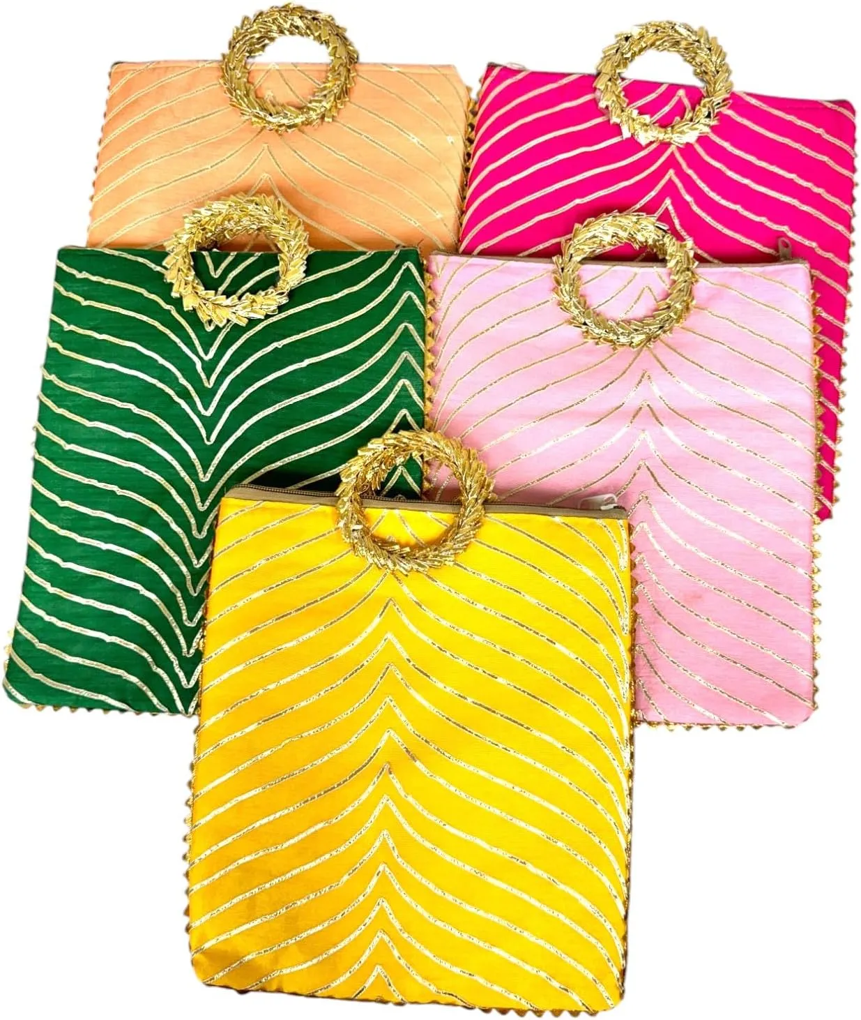 DESI BY DIL Gota Patti Indian Gift Bags for Women with Handle & Zipper-Set of 5 - Afforable Indian Return Gifts for Diwali/Pooja - Stylish Indian Return Gift Bags