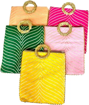 DESI BY DIL Gota Patti Indian Gift Bags for Women with Handle & Zipper-Set of 5 - Afforable Indian Return Gifts for Diwali/Pooja - Stylish Indian Return Gift Bags