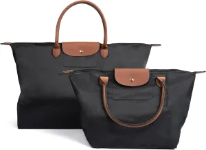 Designer Tote Bags | Two Pack Set | Travel | Work | Gym | Everyday | Foldable | Water-resitant | 2 Different Sizes | Lightweight | Soft Nylon | Fashionable |, Large, Black