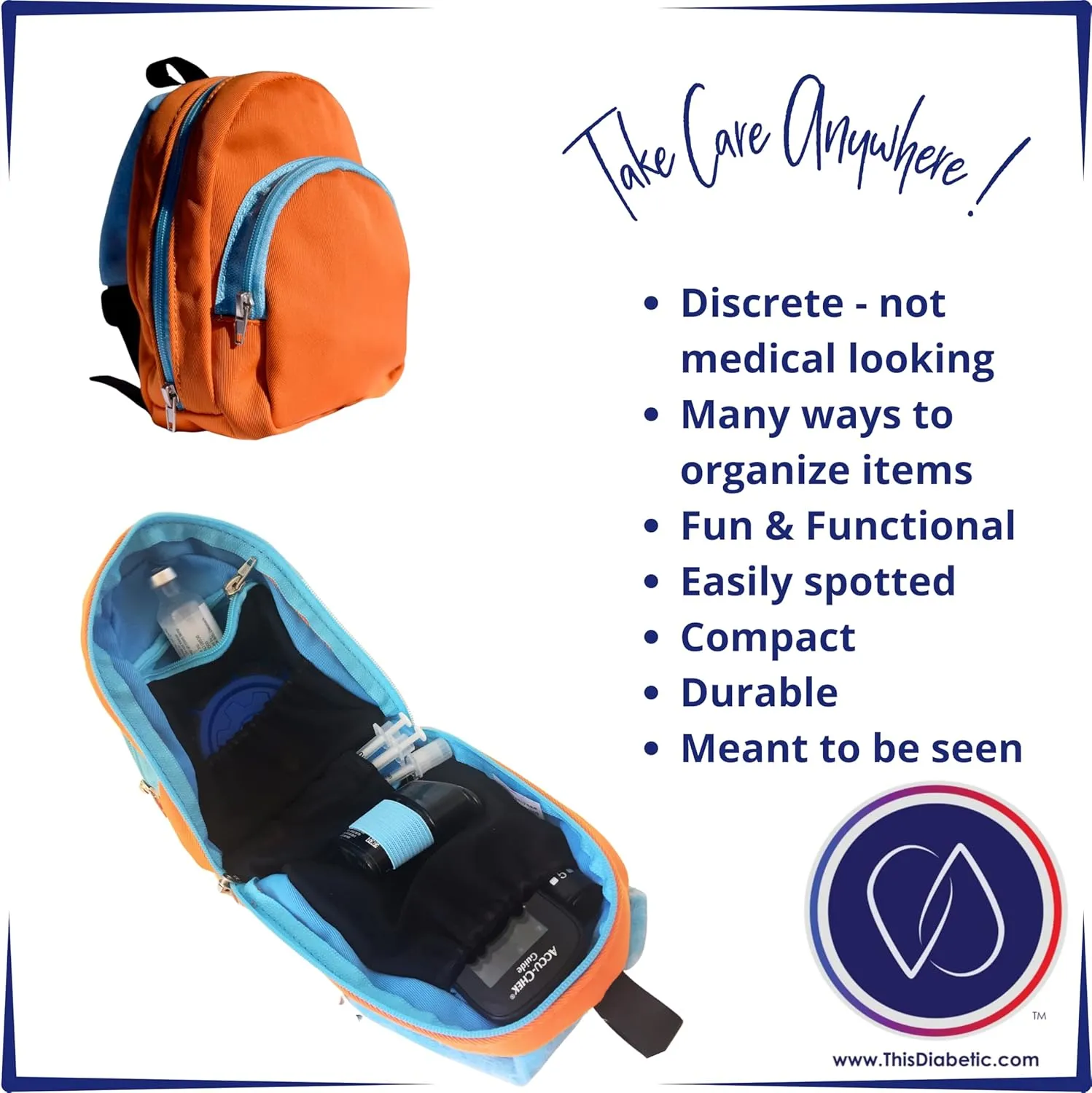 Diabetic Supply Bag Diabetes Travel Organizer for Insulin Pen, Test Strips, Glucose Meter, Needles and other Equipment, Adorable Mini Backpack Design - 5 x 6 x 3 inches - Orange