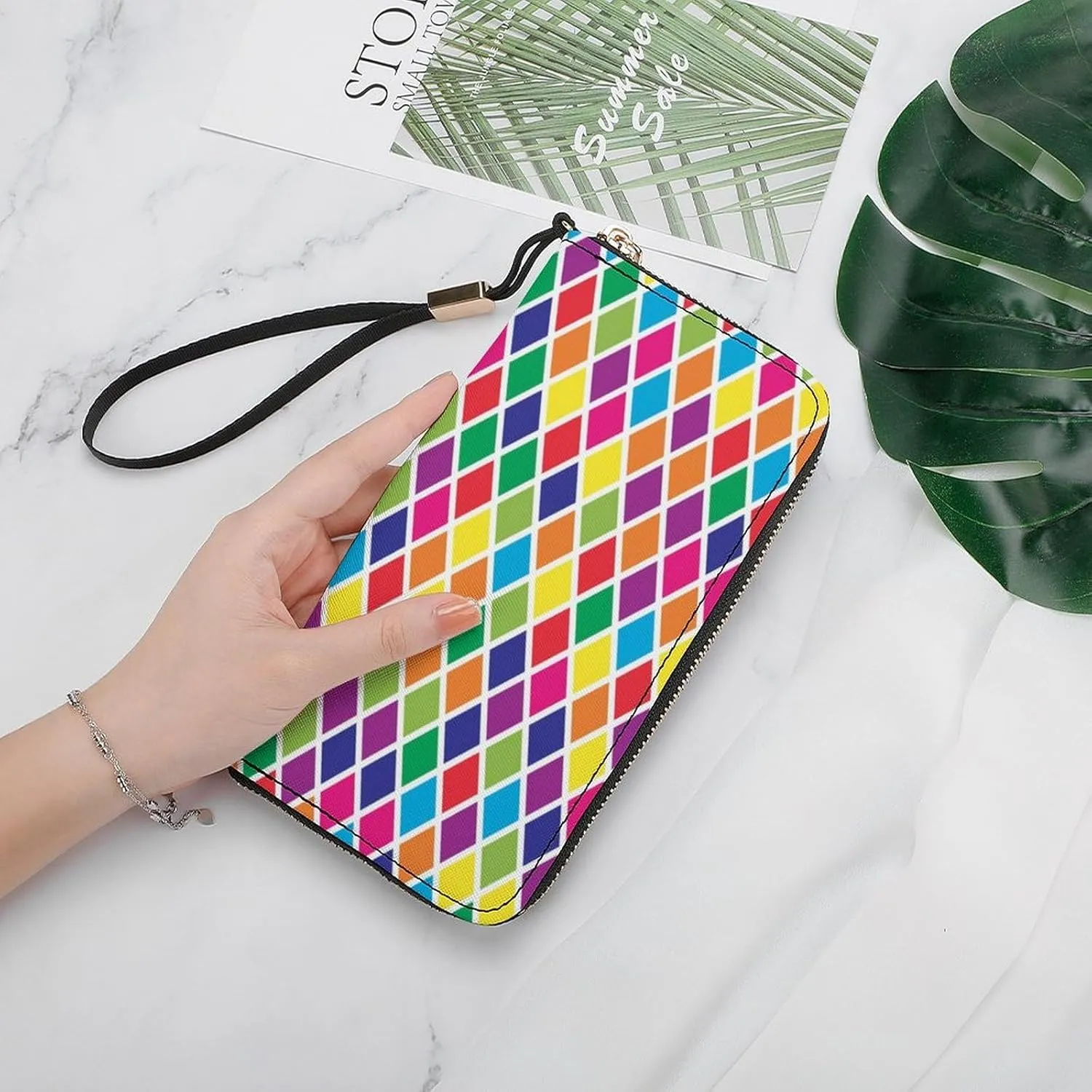 Diamond Color Block Women's Leather Long Large Capacity Wallet Clutch Wallet with Hand Strap, 20x10.5cm, style-3-2