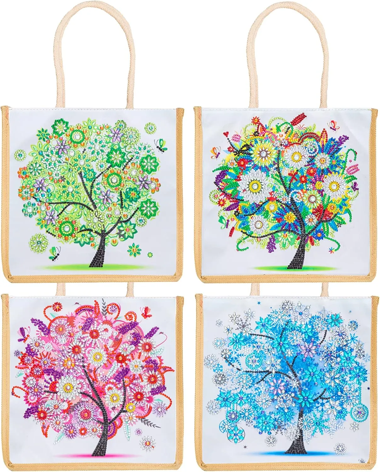 Diamond Painting Canvas Tote Bags 4 Pack Boho Diamond Dots Dotz Art Kits Shoulder Bags 5D DIY Handbags Handmade Gifts Reusable Shopping Bags with Handles for Women Adults(Spring Summer Fall Winter)