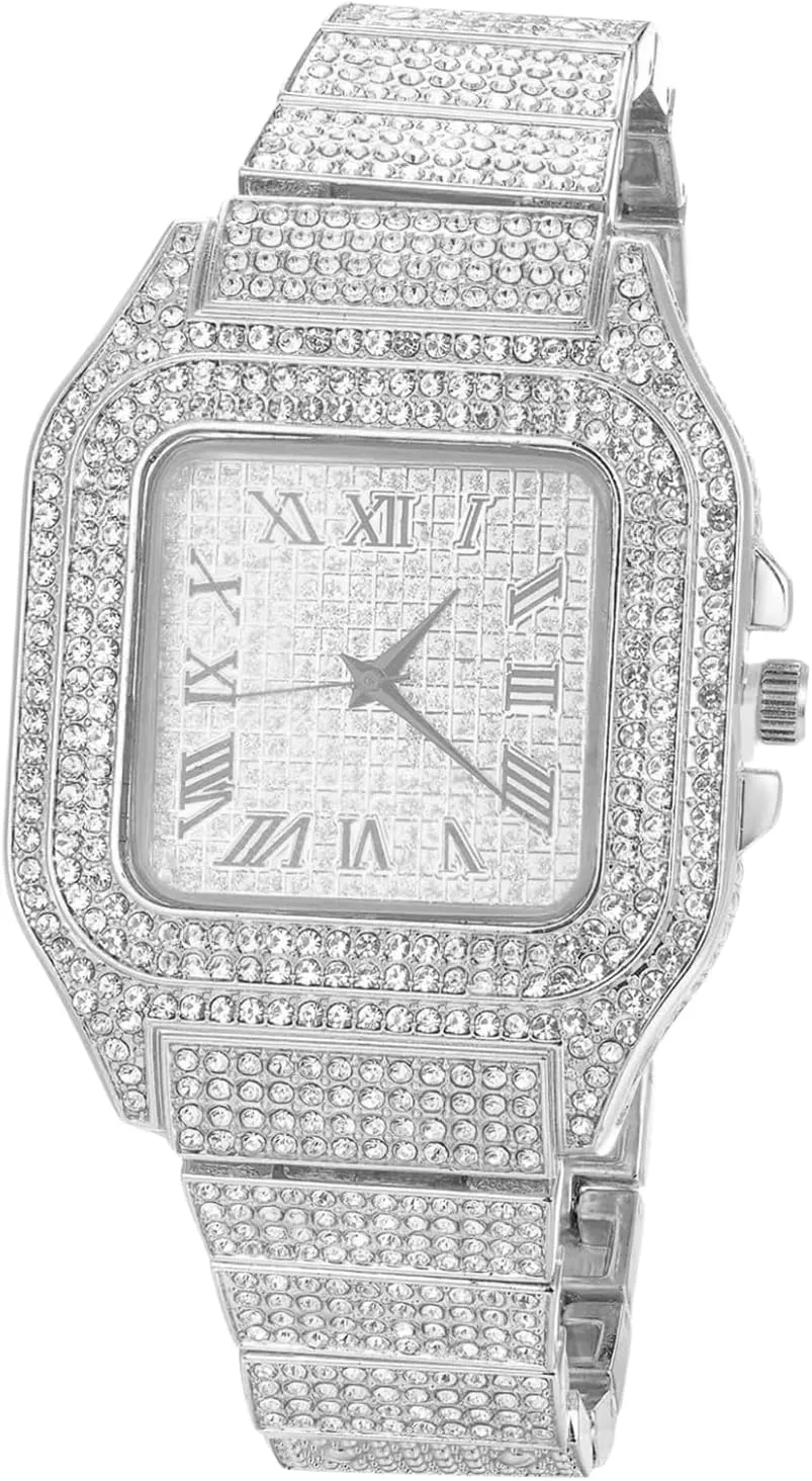 Diamond Watch for Men Guys Iced Out 20MM Wide Wristband White Gold Platinum Plated, with 8" 18" Chains Bracelet or Necklace Set Optional, Gift for Boyfriend Husband