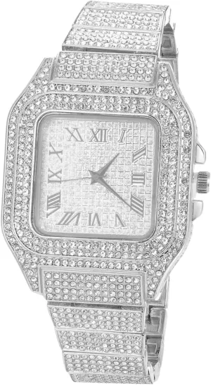 Diamond Watch for Men Guys Iced Out 20MM Wide Wristband White Gold Platinum Plated, with 8" 18" Chains Bracelet or Necklace Set Optional, Gift for Boyfriend Husband