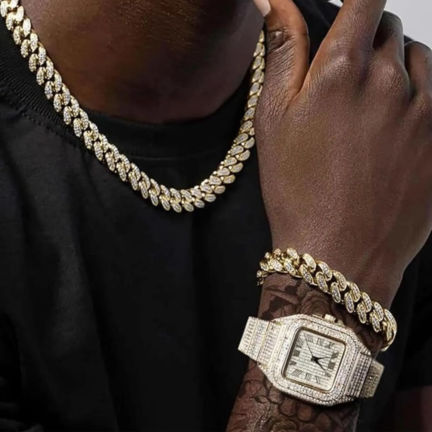 Diamond Watch for Men Guys Iced Out 20MM Wide Wristband White Gold Platinum Plated, with 8" 18" Chains Bracelet or Necklace Set Optional, Gift for Boyfriend Husband