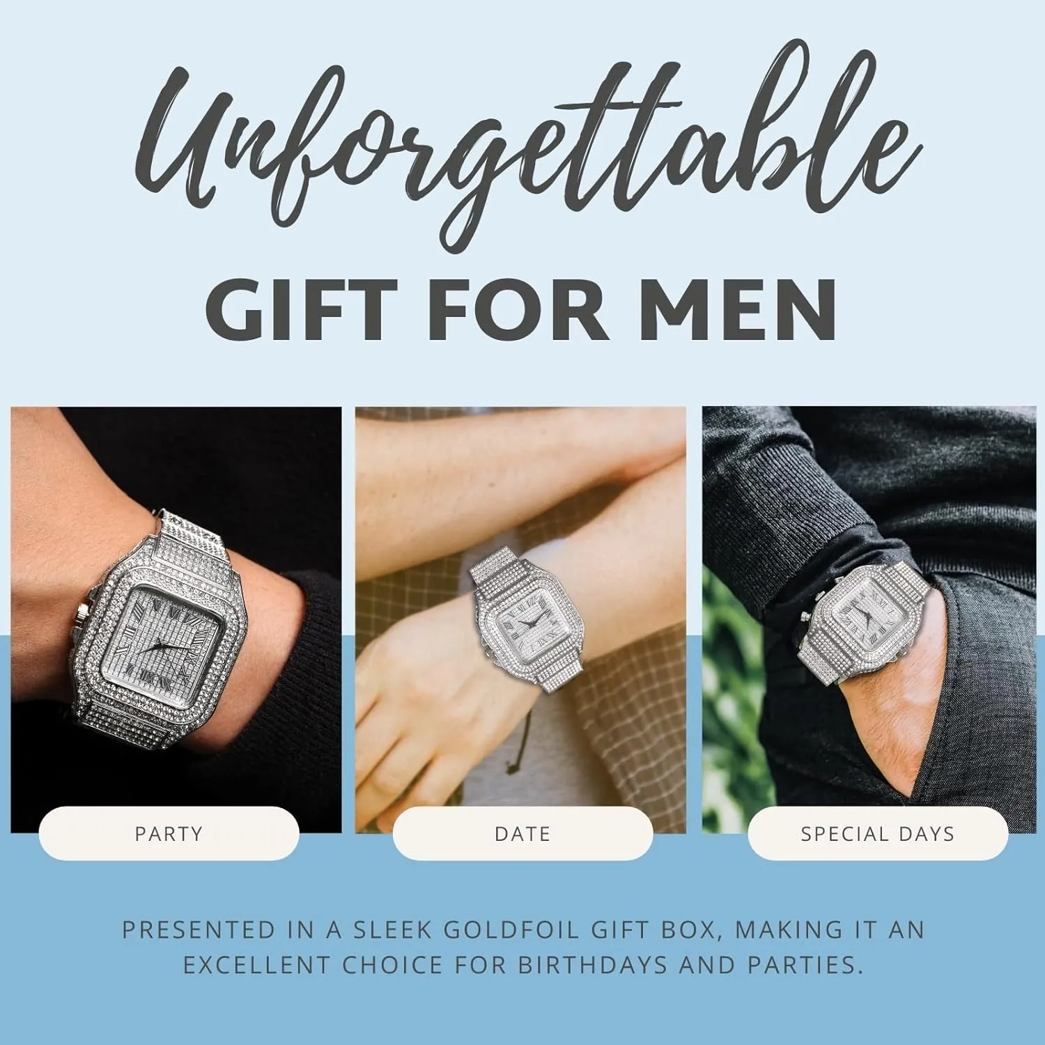 Diamond Watch for Men Guys - Square Dial - 20MM Wide Wristband 18k Real Gold/White Gold Platinum Plated Iced Out, with Tennis Chain Set Optional, Gift for Boyfriend Husband
