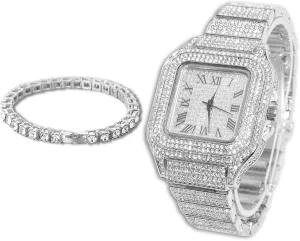 Diamond Watch for Men Guys - Square Dial - 20MM Wide Wristband 18k Real Gold/White Gold Platinum Plated Iced Out, with Tennis Chain Set Optional, Gift for Boyfriend Husband