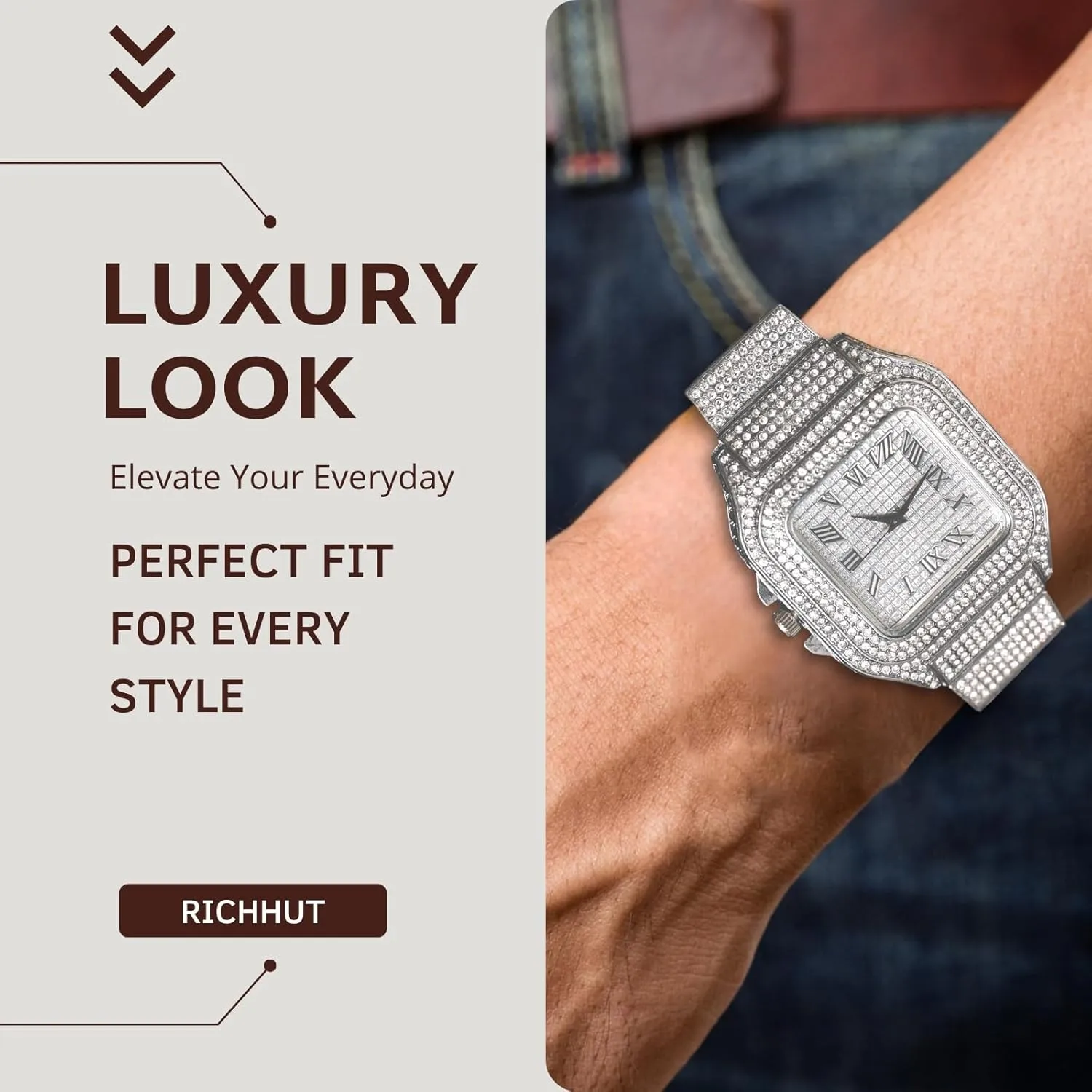 Diamond Watch for Men Guys - Square Dial - 20MM Wide Wristband 18k Real Gold/White Gold Platinum Plated Iced Out, with Tennis Chain Set Optional, Gift for Boyfriend Husband