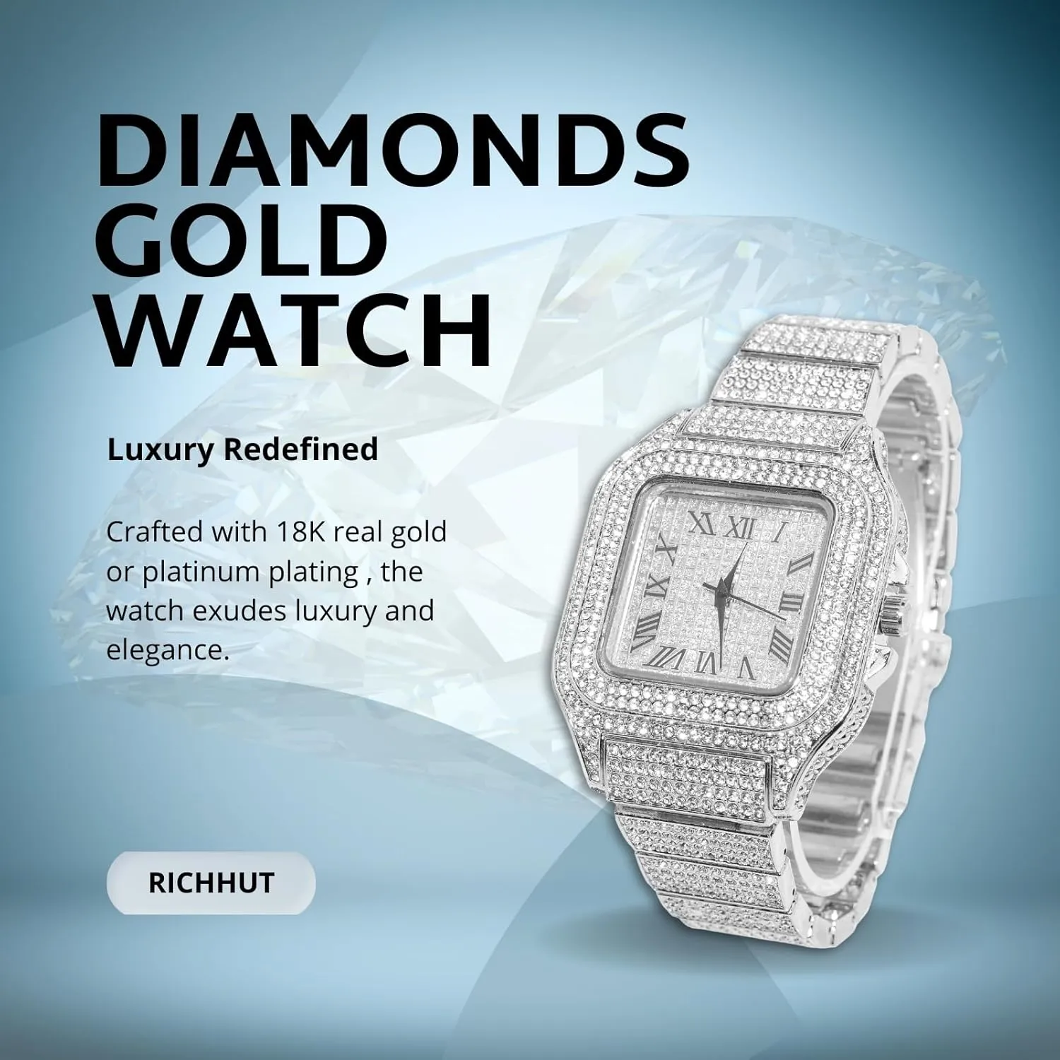 Diamond Watch for Men Guys - Square Dial - 20MM Wide Wristband 18k Real Gold/White Gold Platinum Plated Iced Out, with Tennis Chain Set Optional, Gift for Boyfriend Husband