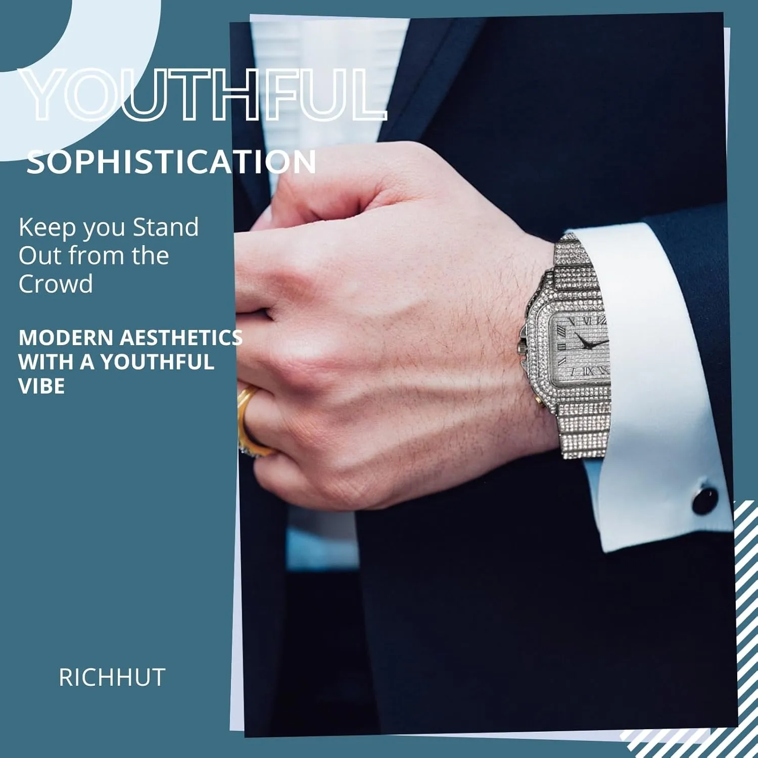 Diamond Watch for Men Guys - Square Dial - 20MM Wide Wristband 18k Real Gold/White Gold Platinum Plated Iced Out, with Tennis Chain Set Optional, Gift for Boyfriend Husband