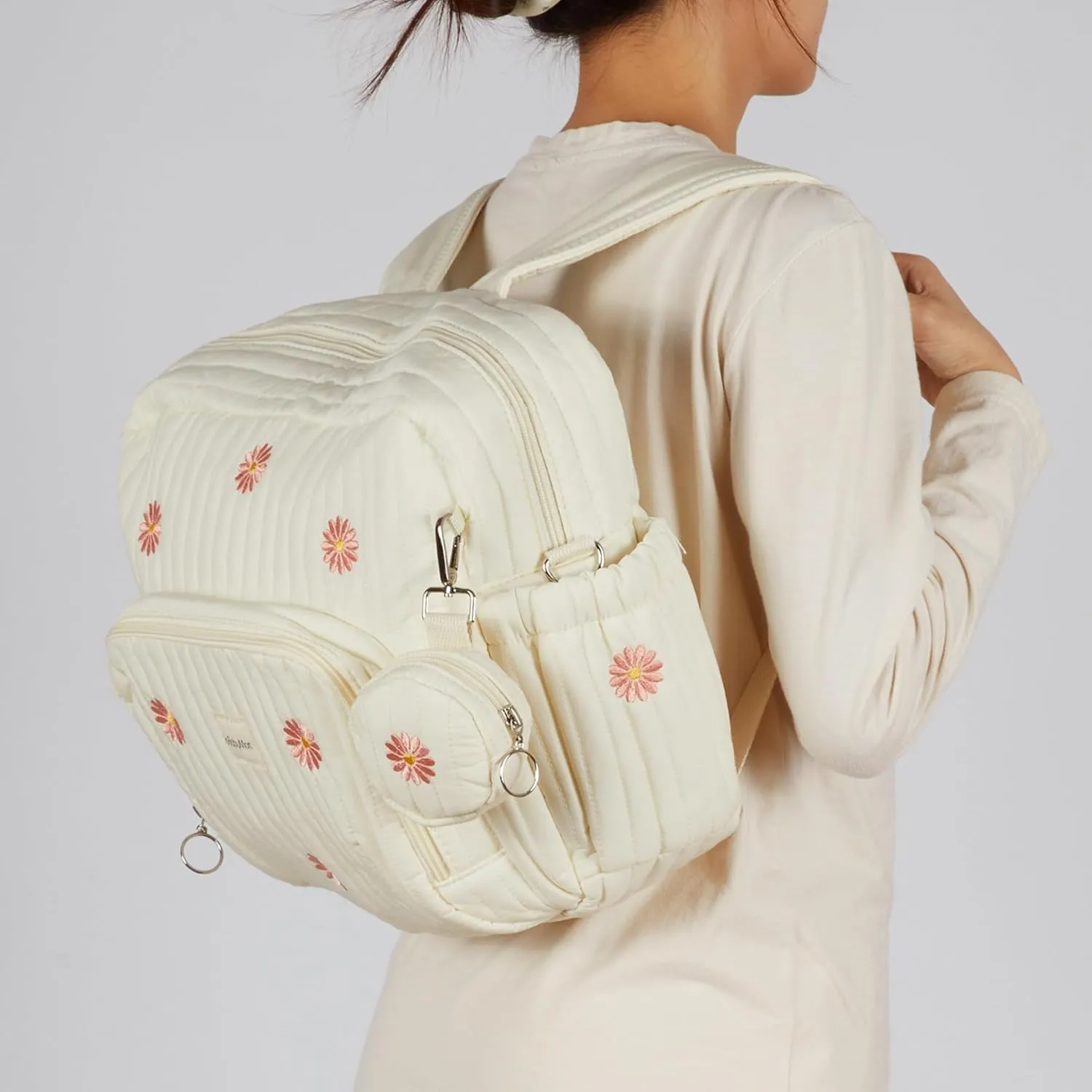 Diaper Bag Backpack, Mini Maternity baby bag with Changing Pad, Insulated Pockets, Stroller Straps & Pacifier Case (Beige - Flowers)