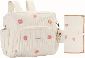 Diaper Bag Backpack, Mini Maternity baby bag with Changing Pad, Insulated Pockets, Stroller Straps & Pacifier Case (Beige - Flowers)