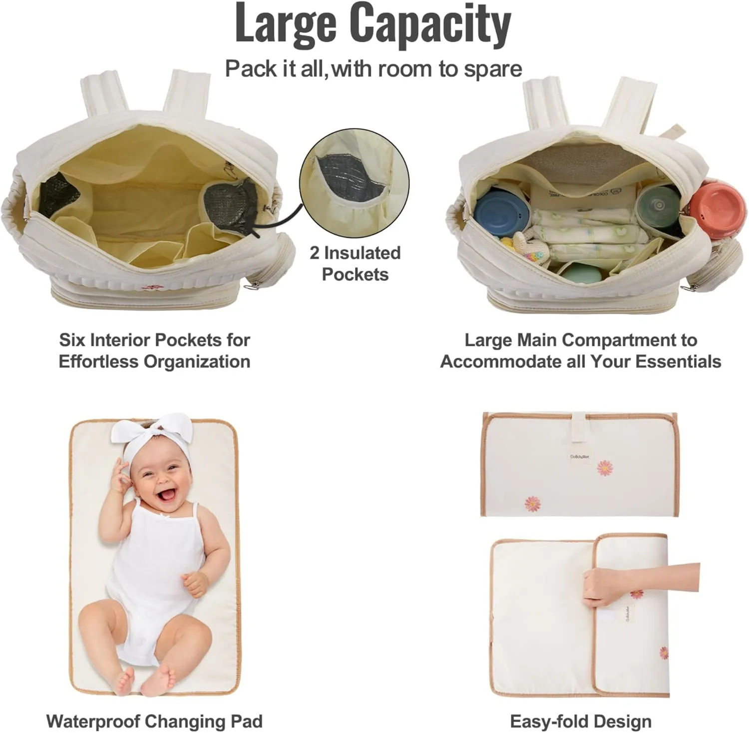 Diaper Bag Backpack, Mini Maternity baby bag with Changing Pad, Insulated Pockets, Stroller Straps & Pacifier Case (Beige - Flowers)