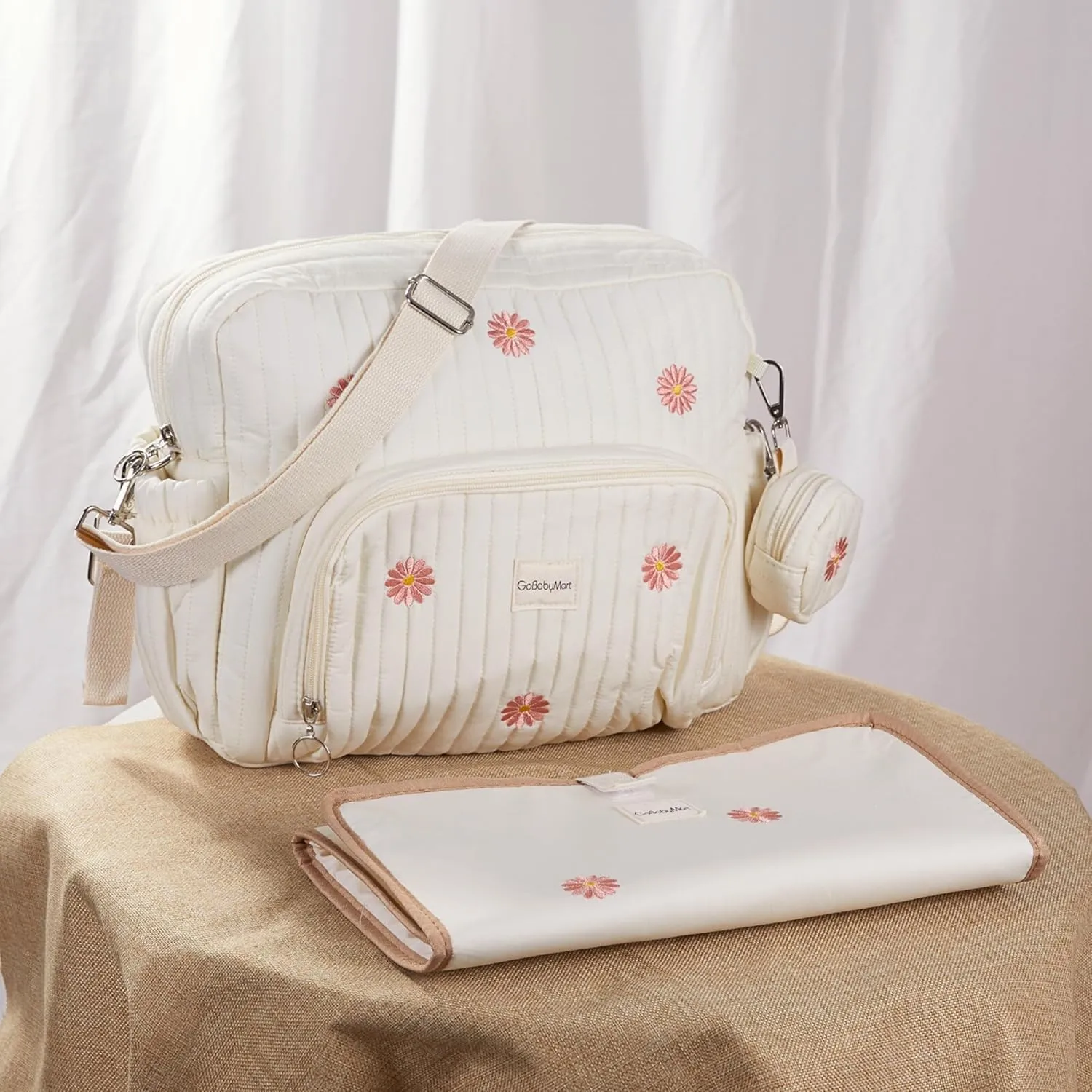 Diaper Bag Backpack, Mini Maternity baby bag with Changing Pad, Insulated Pockets, Stroller Straps & Pacifier Case (Beige - Flowers)