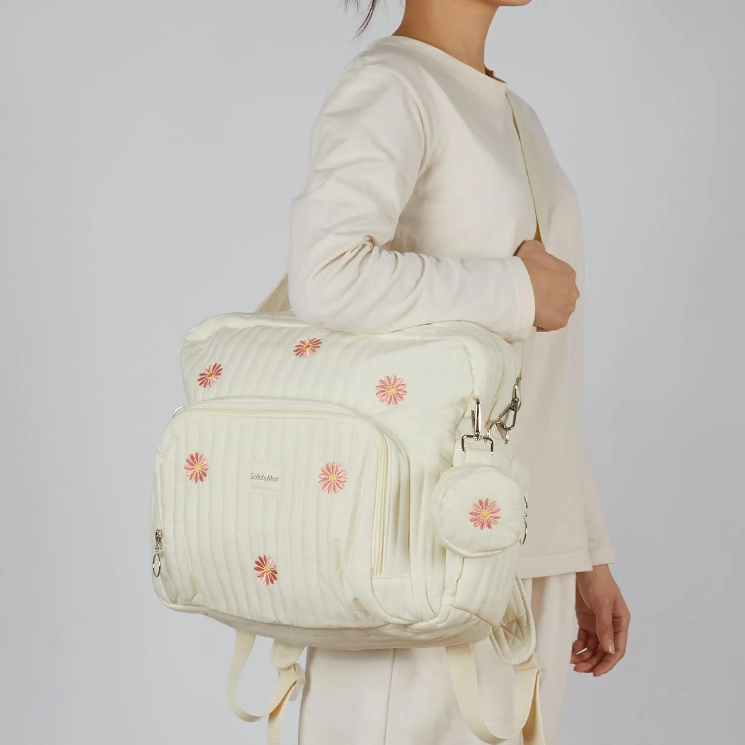 Diaper Bag Backpack, Mini Maternity baby bag with Changing Pad, Insulated Pockets, Stroller Straps & Pacifier Case (Beige - Flowers)