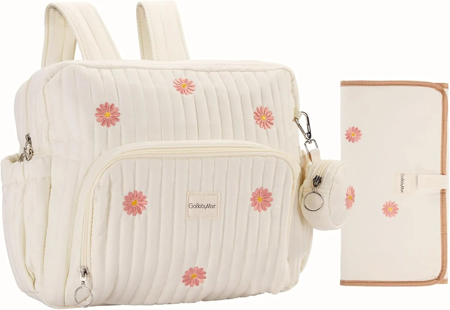 Diaper Bag Backpack, Mini Maternity baby bag with Changing Pad, Insulated Pockets, Stroller Straps & Pacifier Case (Beige - Flowers)