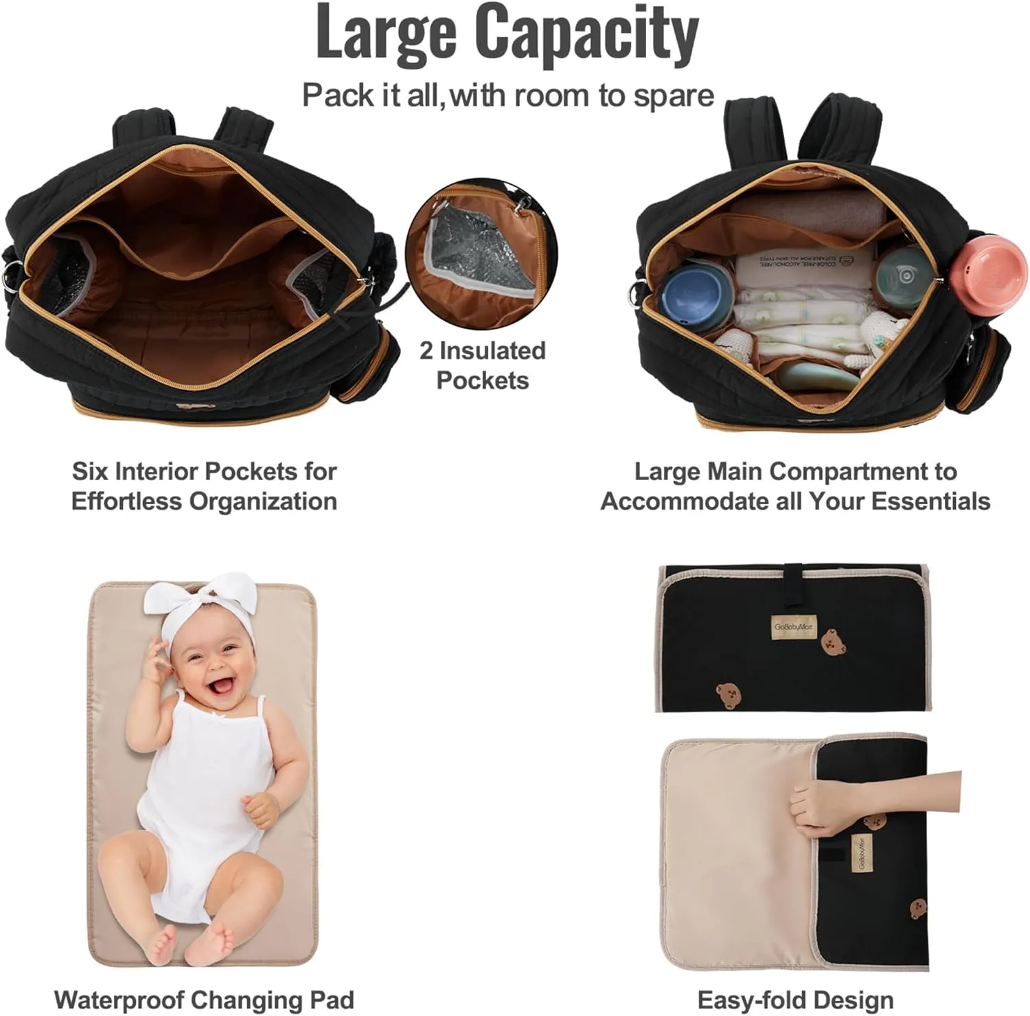 Diaper Bag Backpack, Mini Maternity baby bag with Changing Pad, Insulated Pockets, Stroller Straps & Pacifier Case (Black - Bears)