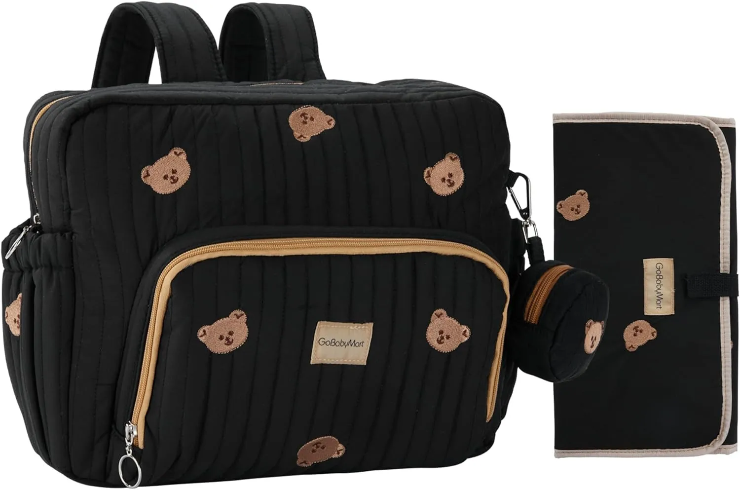 Diaper Bag Backpack, Mini Maternity baby bag with Changing Pad, Insulated Pockets, Stroller Straps & Pacifier Case (Black - Bears)
