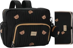 Diaper Bag Backpack, Mini Maternity baby bag with Changing Pad, Insulated Pockets, Stroller Straps & Pacifier Case (Black - Bears)