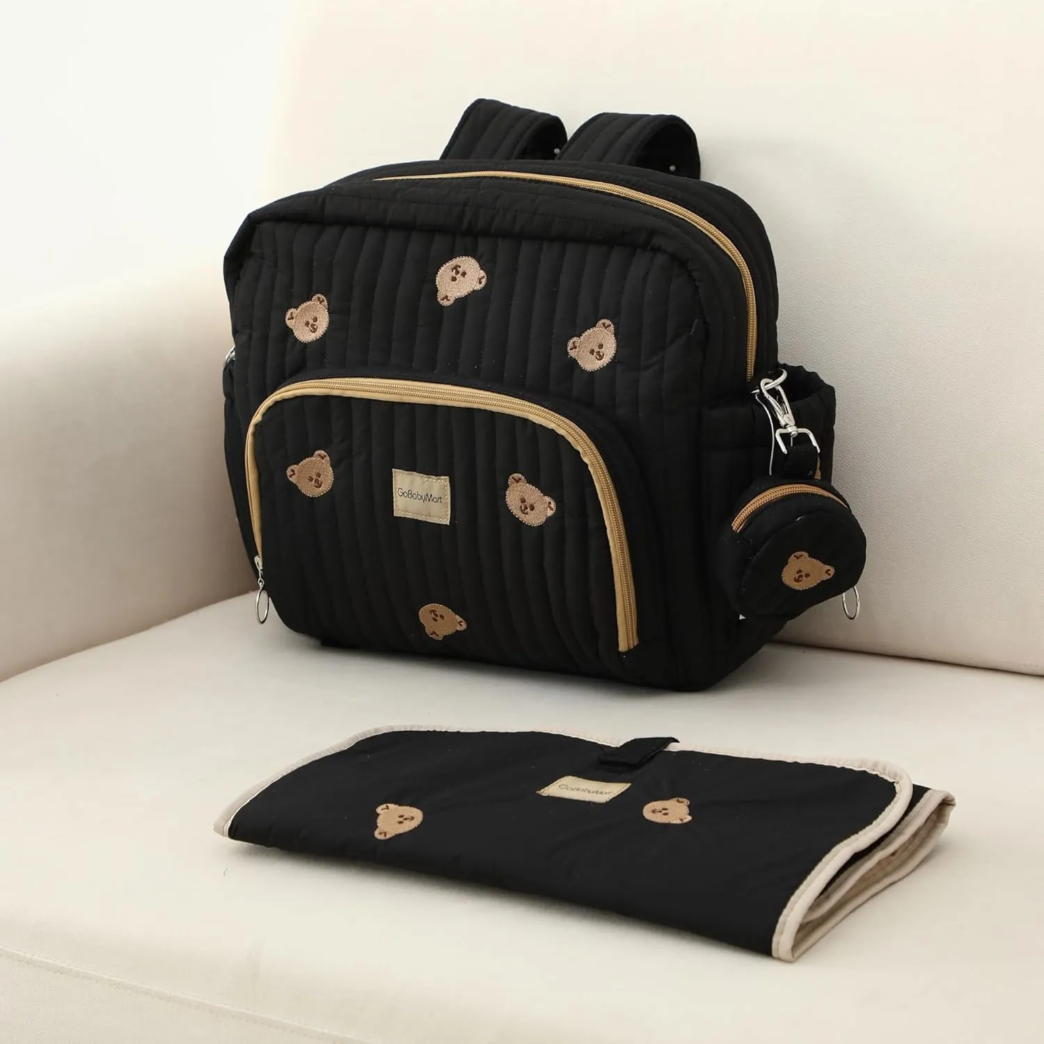 Diaper Bag Backpack, Mini Maternity baby bag with Changing Pad, Insulated Pockets, Stroller Straps & Pacifier Case (Black - Bears)