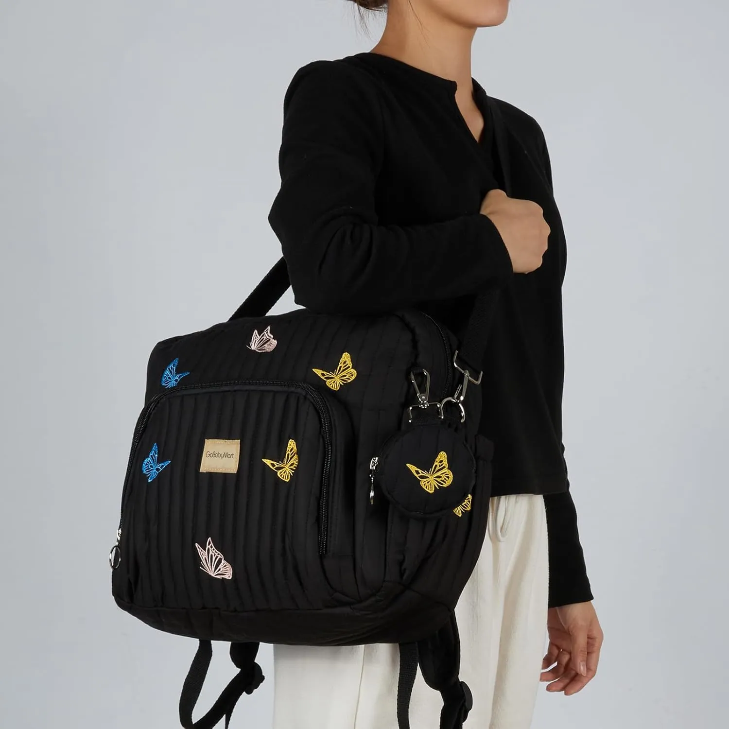 Diaper Bag Backpack, Mini Maternity baby bag with Changing Pad, Insulated Pockets, Stroller Straps & Pacifier Case (Black - Butterflies)