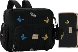 Diaper Bag Backpack, Mini Maternity baby bag with Changing Pad, Insulated Pockets, Stroller Straps & Pacifier Case (Black - Butterflies)