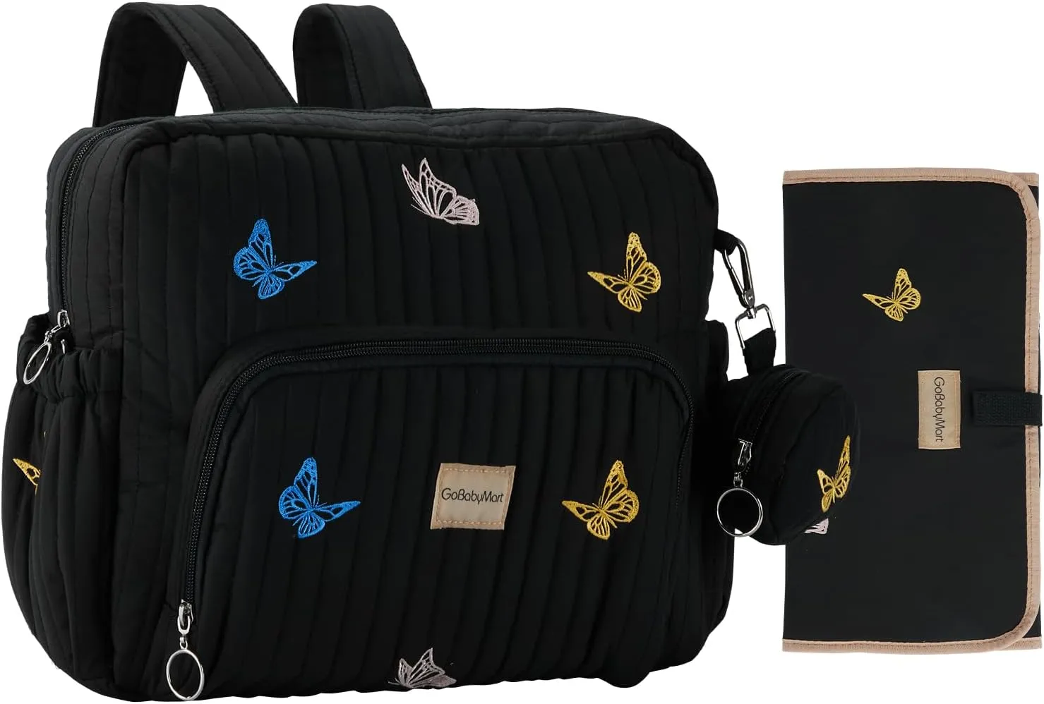 Diaper Bag Backpack, Mini Maternity baby bag with Changing Pad, Insulated Pockets, Stroller Straps & Pacifier Case (Black - Butterflies)