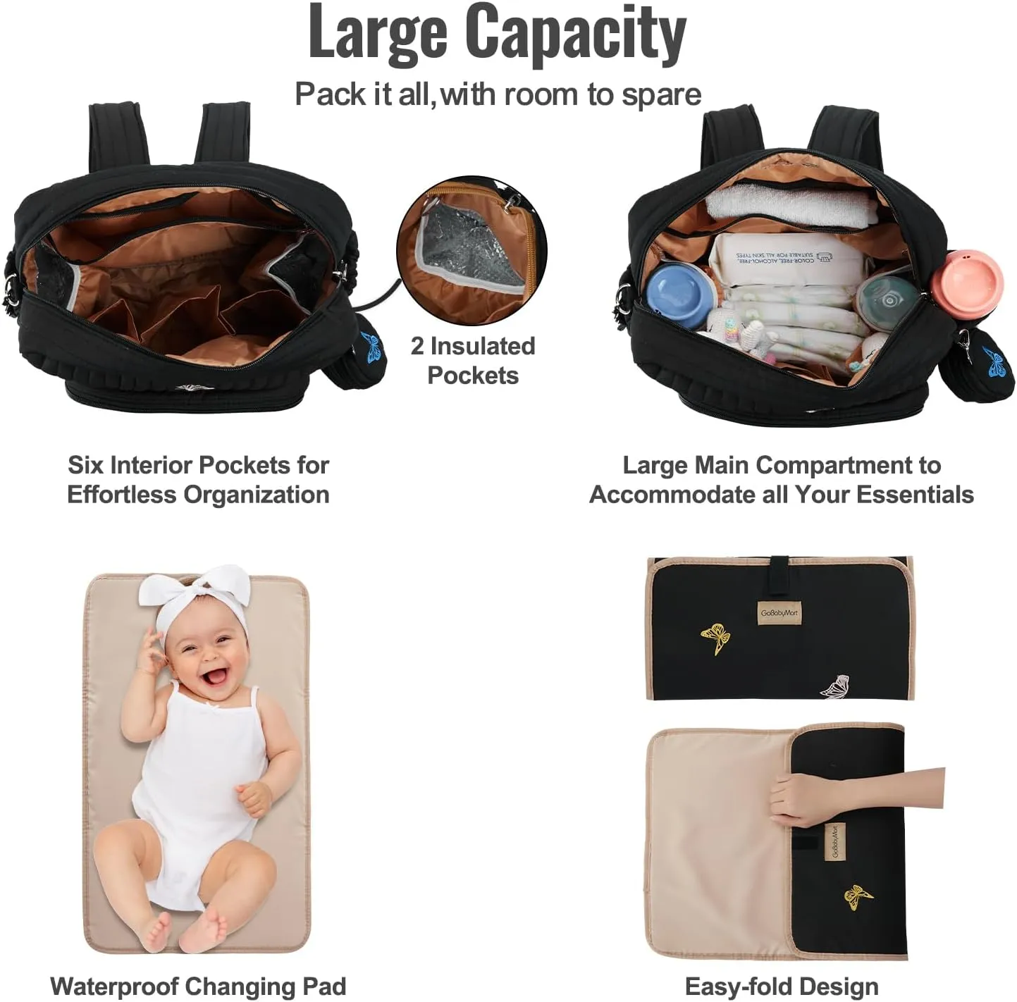 Diaper Bag Backpack, Mini Maternity baby bag with Changing Pad, Insulated Pockets, Stroller Straps & Pacifier Case (Black - Butterflies)