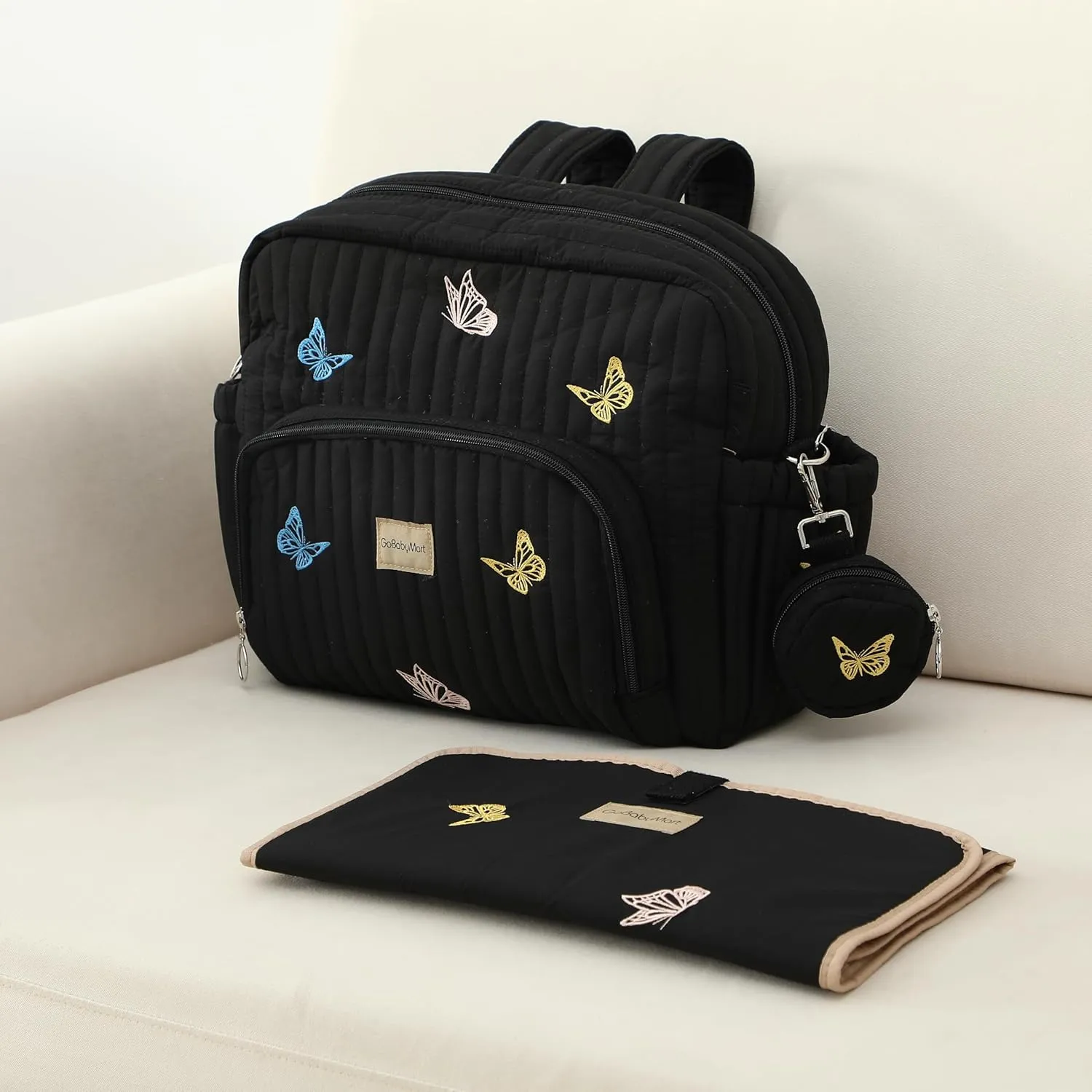 Diaper Bag Backpack, Mini Maternity baby bag with Changing Pad, Insulated Pockets, Stroller Straps & Pacifier Case (Black - Butterflies)