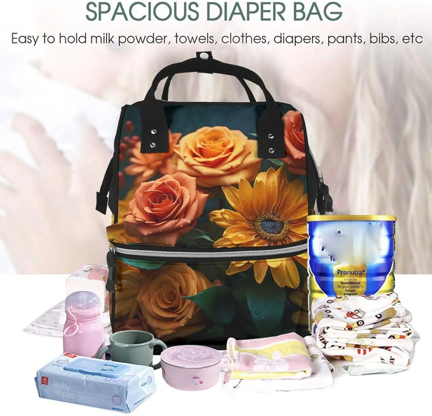Diaper Bag Backpack Sunflower and Rose Nappy Backpack Maternity Baby Nappy Bag Changing Bags for Travel