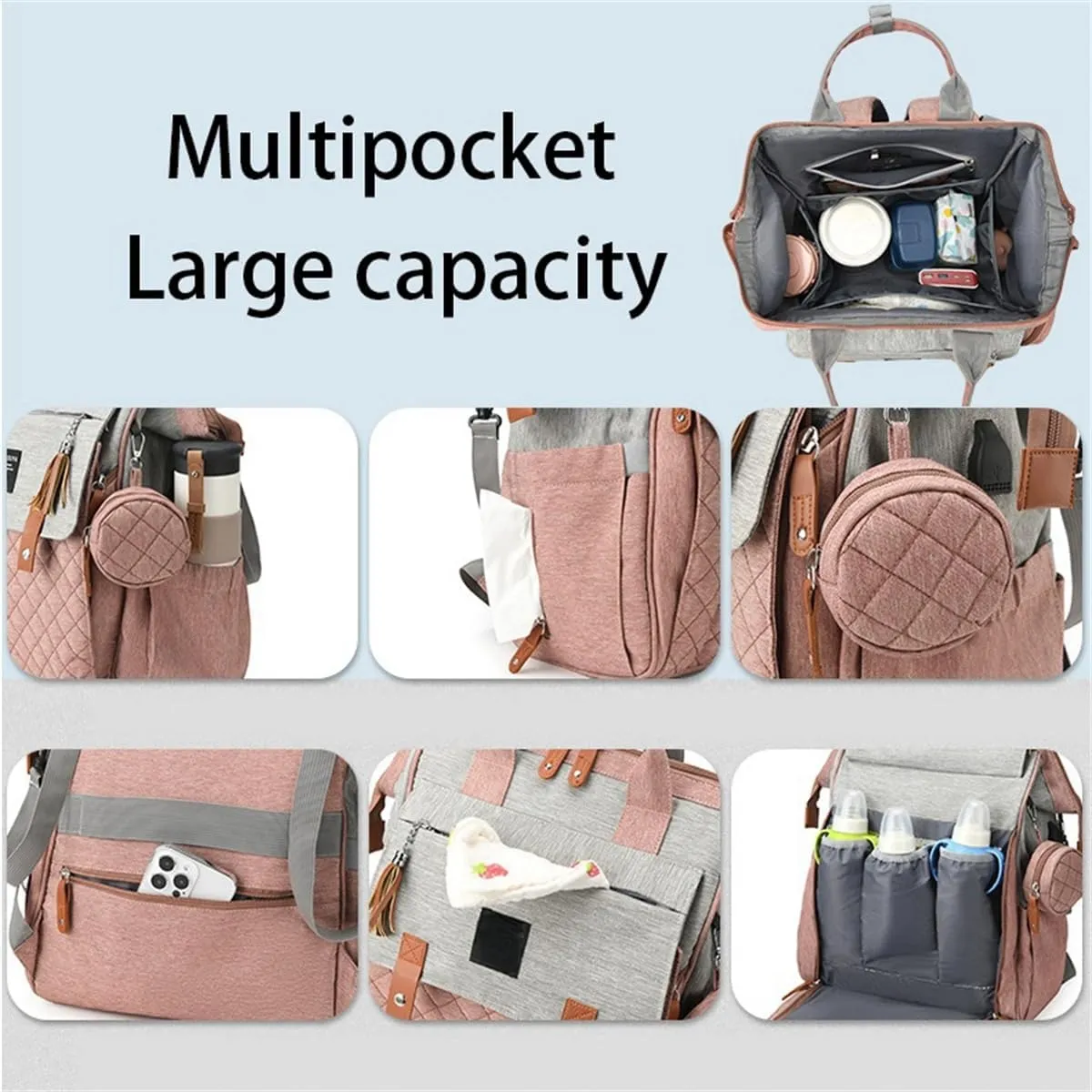 Diaper Bag Backpack with Pacifier Case, Diaper Bag Backpack for Women Large Capacity with Insulated Pockets (Grey)