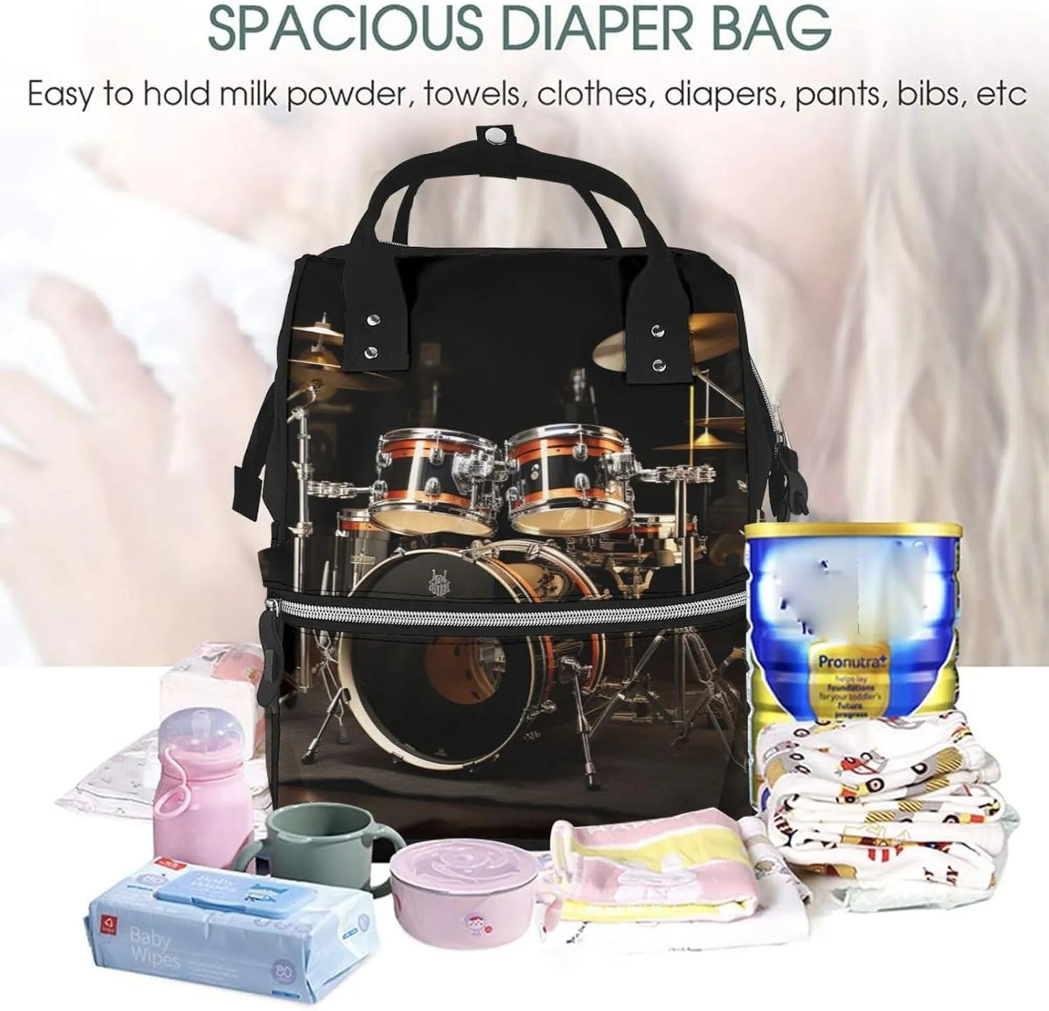 Diaper Bag Nappy Backpack Baby Bag Opossum and Roses Mummy Backpack Multifunction Changing Bags for Travel, Drum Set, One Size