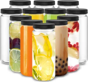 DilaBee 12-Pack Round 16 oz Glass Bottles with Lids - Juice Bottles for Smoothie, Milk, Water & Kombucha - Leakproof Glass Juice Containers with Lids for Fridge, BPA-Free Reusable Bottle for Juicing