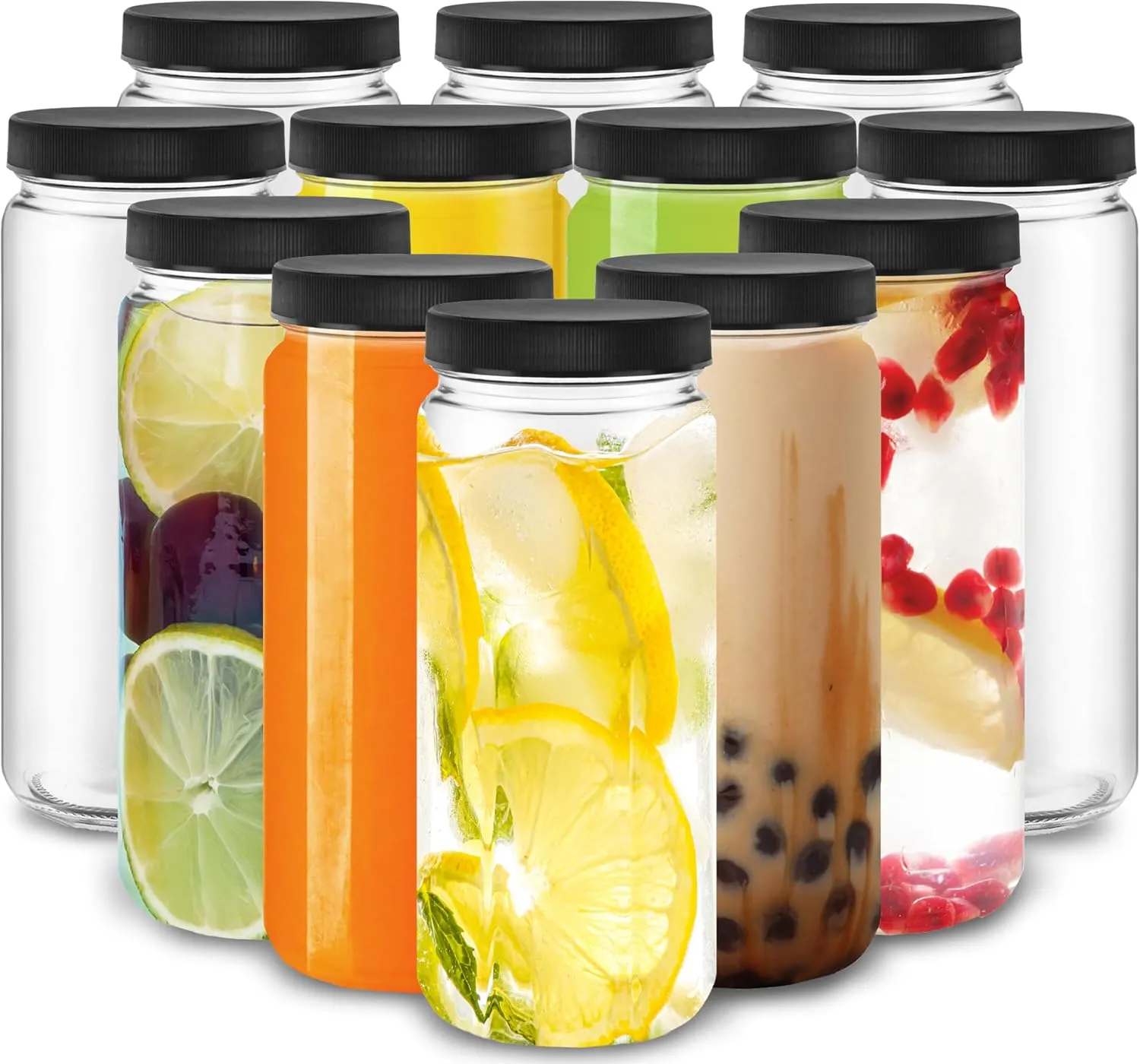 DilaBee 12-Pack Round 16 oz Glass Bottles with Lids - Juice Bottles for Smoothie, Milk, Water & Kombucha - Leakproof Glass Juice Containers with Lids for Fridge, BPA-Free Reusable Bottle for Juicing