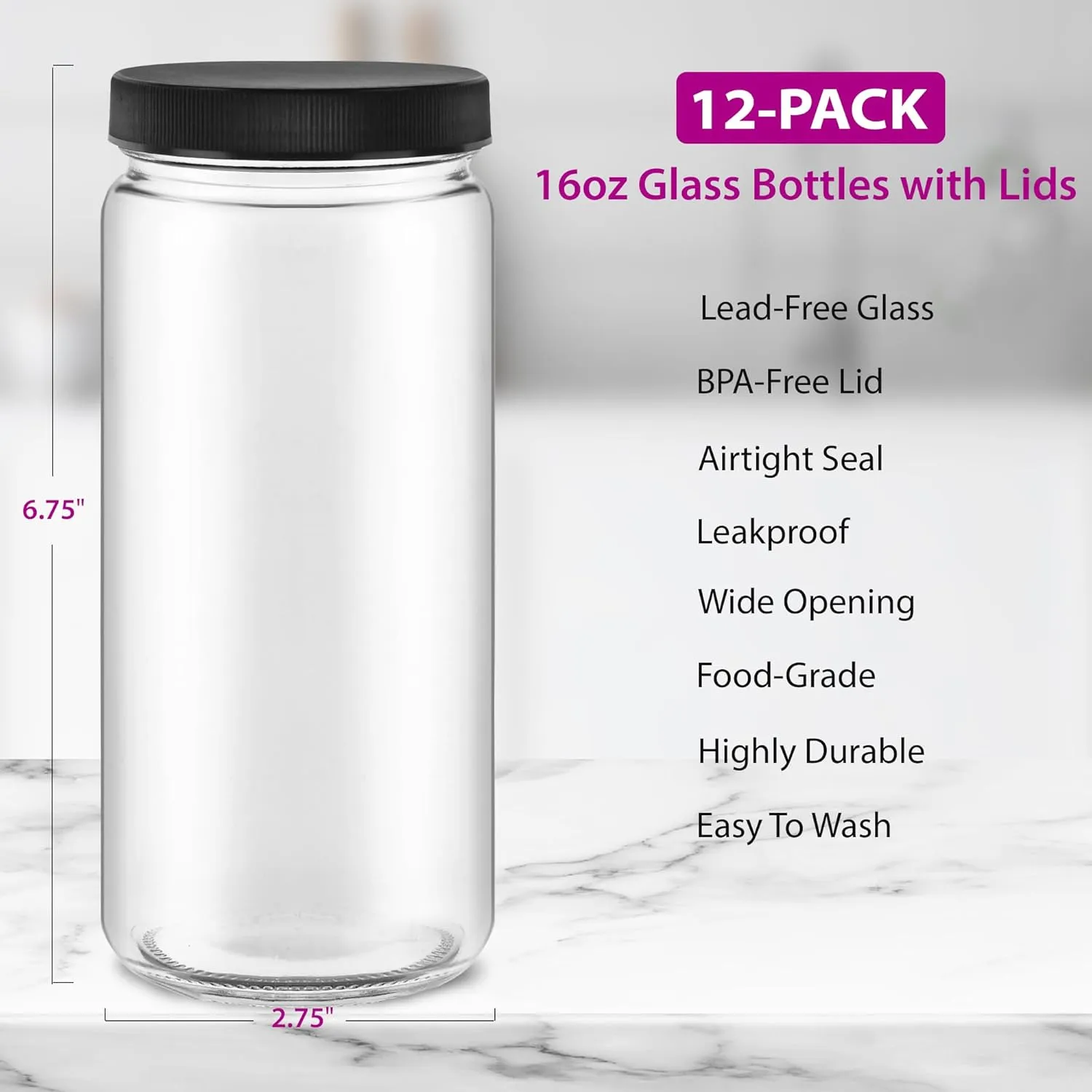 DilaBee 12-Pack Round 16 oz Glass Bottles with Lids - Juice Bottles for Smoothie, Milk, Water & Kombucha - Leakproof Glass Juice Containers with Lids for Fridge, BPA-Free Reusable Bottle for Juicing