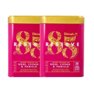 Dilmah 85 Reserve Rose, Lychee and Vanilla Ceylon Black Tea Tin Caddy - Pack of 2 (Total 40 Triangular/Pyramid Luxury Leaf Tea Bags)