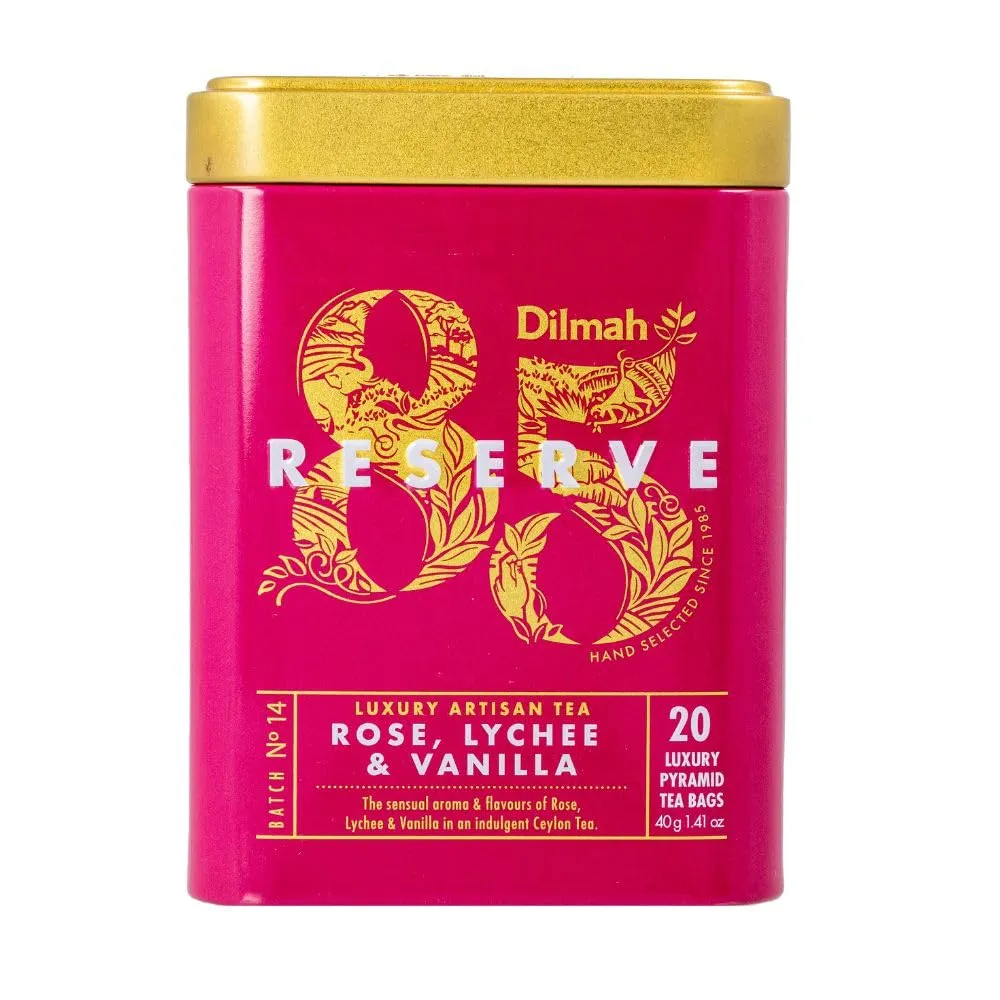 Dilmah 85 Reserve Rose, Lychee and Vanilla Ceylon Black Tea Tin Caddy - Pack of 2 (Total 40 Triangular/Pyramid Luxury Leaf Tea Bags)