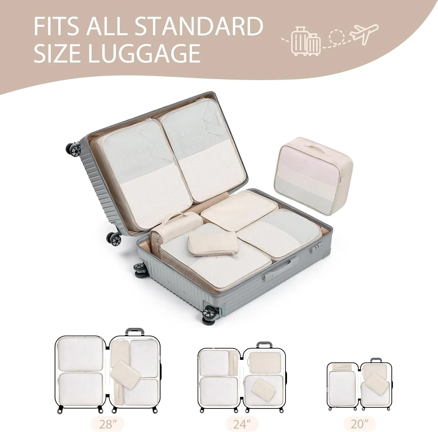 DIMJ Packing Cubes for Travel - 8 Pcs Lightweight Travel Cubes for Packing, Mesh Travel Packing Cubes Travel Packing Organizers with Large Toiletries Bag (Beige)