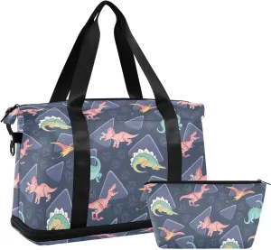 Dinosaur Triangular Cube Gym Bag Duffle Bag with Wet Pocket&Shoe Compartment Overnight Weekender Travel Bag